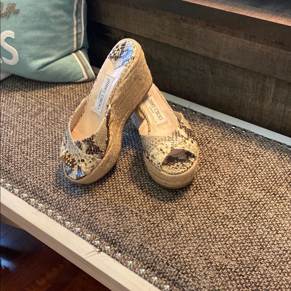Jimmy Choo Cream and Brown Wedge Shoes Excellent preowned condition euro 35 US 5